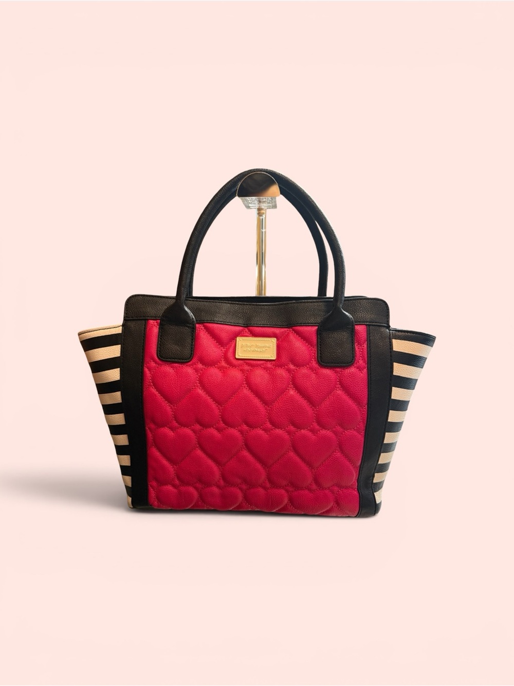 Betsey Johnson Quilted Pink Heart Tote Bag with Black and White Striped Sides - Picture 1 of 9